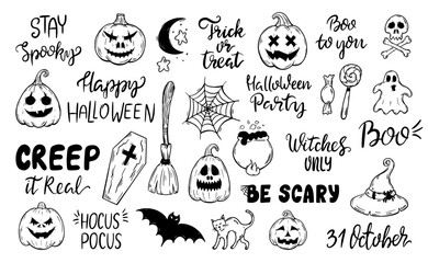 Halloween lettering. Autumn festival, sketch pumpkins broom cat bat spider web. Isolated typography party phrases, party neoteric vector elements
