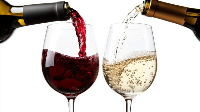 Red and white wine being poured into glasses, white background. Beverage and celebration concept