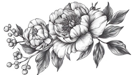 Elegant Hand-Drawn Bouquet of Peonies and Berries