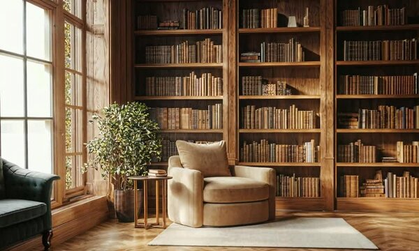 a living room with a chair and a bookshelf