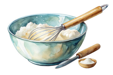 A watercolor illustration depicting a mixing bowl filled with batter, a whisk, and a small bowl of baking powder. The image symbolizes baking, culinary arts, and the joy of creating delicious treats. © Nima