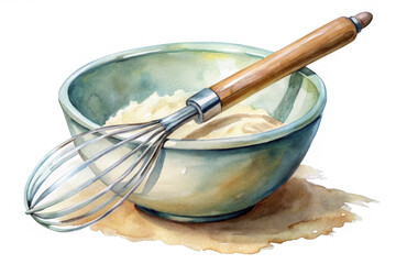 A watercolor illustration of a mixing bowl filled with batter and a whisk lying next to it. The bowl is blue with a brown rim, and the batter is a light yellow color. The whisk has a wooden handle and © Nima