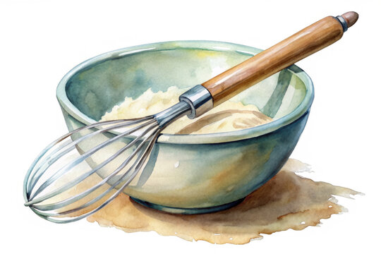 recommend clip art: A watercolor illustration of a mixing bowl filled with batter and a whisk lying next to it. The bowl is blue with a brown rim, and the batter is a light yellow color. The whisk has a wooden handle and