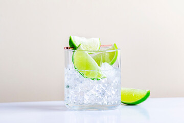 Strong alcoholic cocktail drink with craft rum, sugar syrup and lime. Beige background