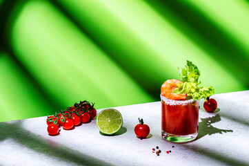 Bloody Mary cocktail variation with tomato juice, vodka, clam broth, celery, hot sauce and ice....