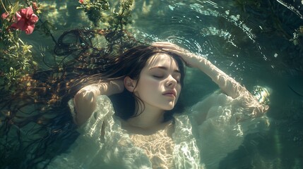 A serene woman floats in crystal-clear water, embodying tranquility amidst nature's beauty.