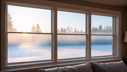 Fototapeta premium Frosted window with a view of a winter sunrise, cozy interior with simple decor.