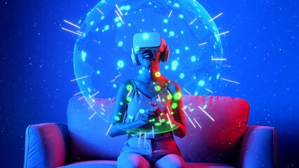 Sitting on sofa of woman in VR circle shape signal point station network international world map on neon lighting. Futuristic technology global connectivity design 3D digital graphic. Hallucination.