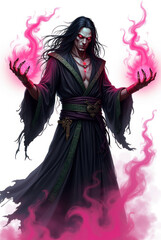 Fototapeta premium Pale Necromancer with Crimson Eyes , dark fantasy aesthetic, high-detail illustration, epic fantasy artwork, character concept art, rich color palette, dark and gritty style.