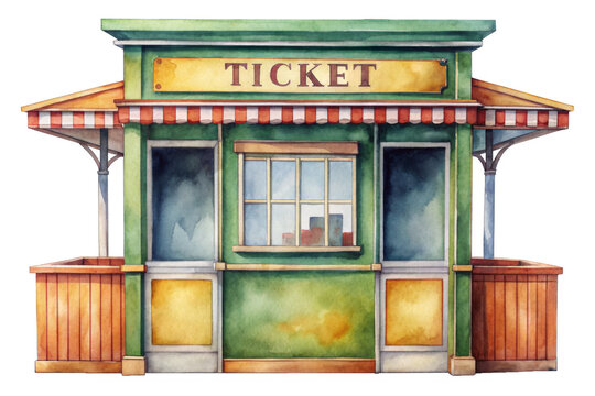 recommend clip art: A charming watercolor illustration of a vintage ticket booth, symbolizing entry, adventure, entertainment, excitement, and nostalgia.
