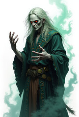 Obraz premium Vermilion-Eyed Necromancer Character , dark fantasy aesthetic, high-detail illustration, epic fantasy artwork, character concept art, rich color palette, dark and gritty style.