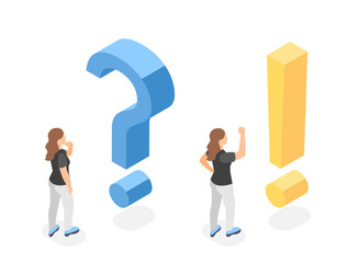 Problem and solution. Woman thinking about solving problems. Joyful girl has idea, creative mind. Isometric exclamation marks, flawless vector concept