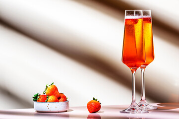 Strawberry festive cocktail drink with dry champagne, fruit puree and ice in glasses. Beige pink background, hard light