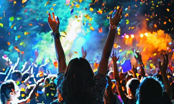 a crowd of people at a concert with confetti in the air