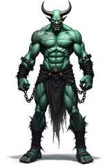 Obraz premium Muscular Demon with Glowing Eyes , dark fantasy aesthetic, high-detail illustration, epic fantasy artwork, character concept art, rich color palette, dark and gritty style.