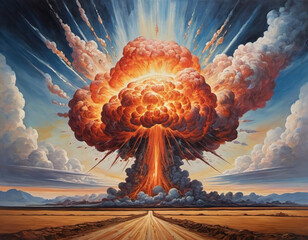 Nuclear explosion is process of releasing large amounts of thermal and radiant energy as result of uncontrolled chain nuclear fission reaction in a very short time. AI generated. Thermonuclear fusion