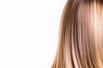 Fototapeta premium Close-up photo of straight hair, a woman from behind with smooth, shiny, long brown and blonde balayage, beauty industry photo, hairdressing services and care hair products content