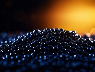 Close-up of a pile of small black marbles with a warm orange background, creating a dramatic and abstract visual effect.