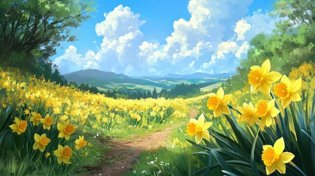 Bright yellow daffodils in lush spring field