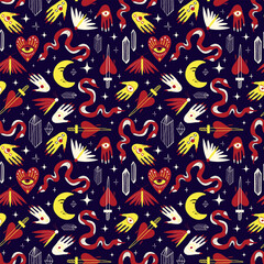 Bright funny magic pattern with bizarre mystical spooky symbols. Background with Magic symbols in a trendy cartoon style