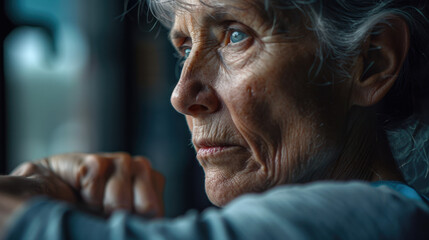 A close-up photograph of an elderly woman engaged in a workout, highlighting her focused expression and the tension in