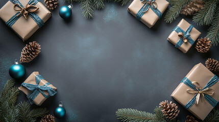 Christmas-themed flat lay with wrapped gifts and evergreen branches on a snowy blue background. Generative AI.