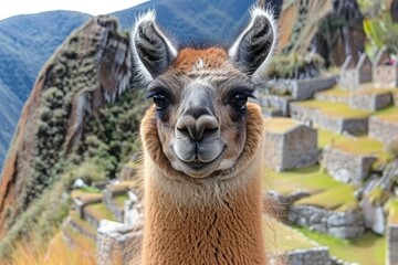 Obraz premium Llama portrait at Machu Picchu with ancient ruins and lush mountain backdrop during daytime