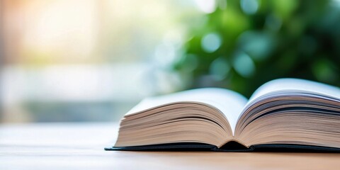 An open book on a wooden table with soft natural light and greenery in the background, ideal for education and literature themes.
