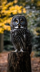 Fototapeta premium Owl, Great Grey Owl in Nature, Photo Realistic, Texture, Pattern, Wallpaper, Cover and Screen for Smartphone, Cell Phone, Computer, Laptop, 9:16 and 16:9 Format