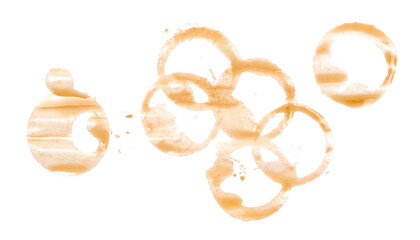 Coffee cup stains isolated on white, top view
