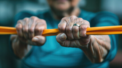 A close-up photograph of an elderly woman in a workout pose, highlighting the tension in her muscles and the