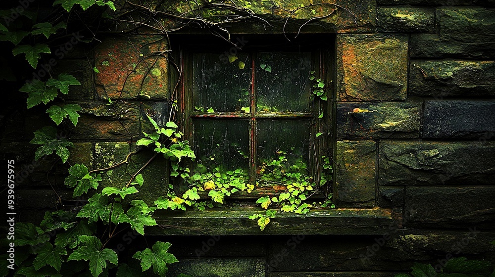 Wall mural   Ivy and green vine adorn a window frame