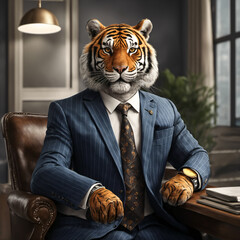 3D Illustration of a Tiger Head Businessman