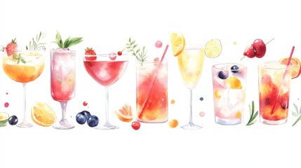 Cocktails set. White background. Watercolor illustrations