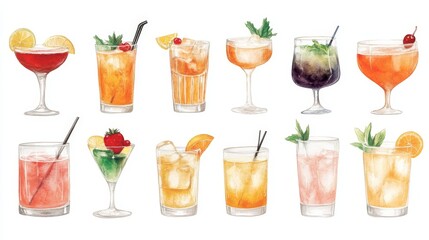 Cocktails set. White background. Watercolor illustrations