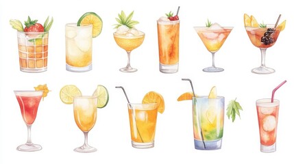 Cocktails set. White background. Watercolor illustrations