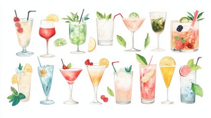 Cocktails set. White background. Watercolor illustrations