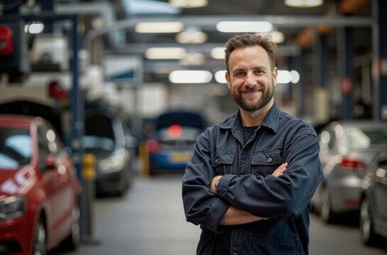 A man standing in a car repair shop with his arms crossed