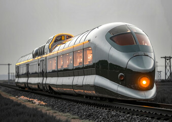 Naklejka premium A silver and black train traveling down train tracks