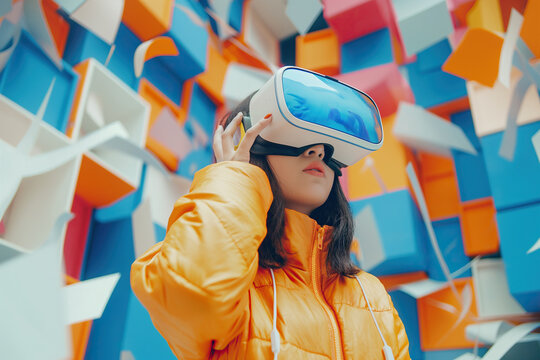 Beautiful girl with virtual reality glasses on a background of geometric shapes