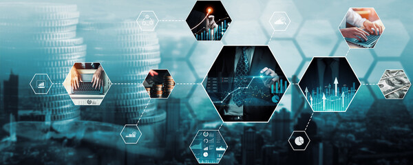 Futuristic business digital financial data technology concept for future big data analytic and business intelligence research for businessman analyst invest decisions making panoramic banner kudos