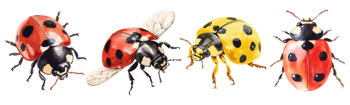 Aquarelle lady bug set. Round shape, red or orange body Flying insect. Black spots, and delicate wings. Nature and wild life beauty. Watercolor style isolated vector clipart collection