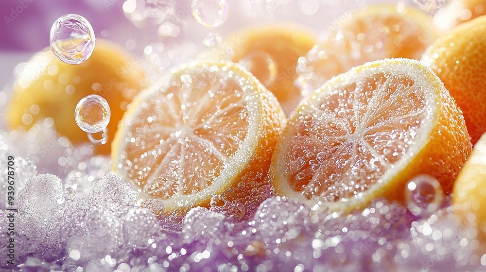 Sticker oranges on an icy platform near a bubble cluster