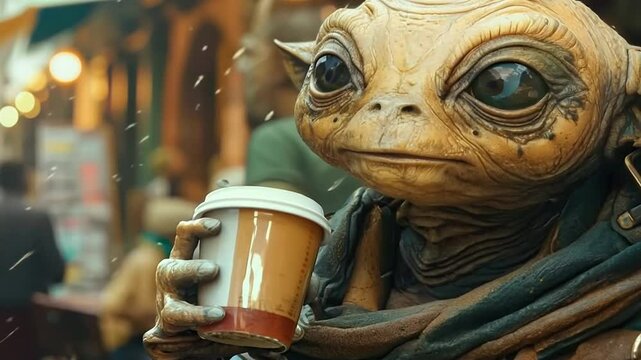 A cute alien character enjoys a warm drink in a bustling caf&eacute; on a chilly day
