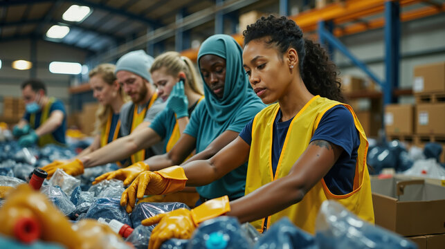A group of people working in a warehouse sorting plastic bottles