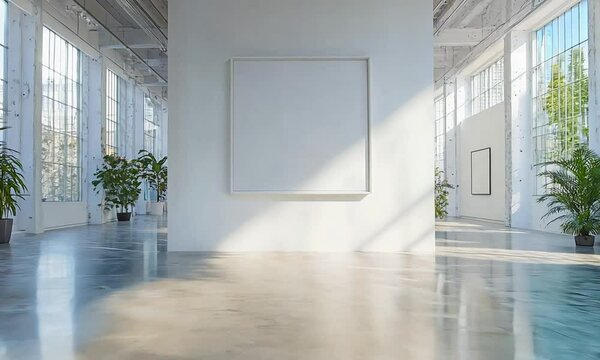 an empty room with large windows and potted plants