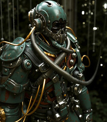 Fototapeta premium A man in a green and gold suit with a helmet on