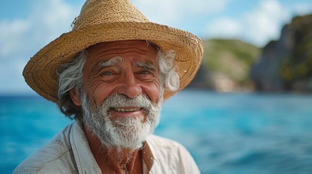 Portrait of pensive senior man at beach looking away. Proud and satisfied old man in casual enjoying summer holiday at beach. Mature retired man contemplating at sea: iImagination and future concept.