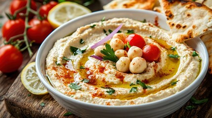   A white bowl brimming with hummus and adorned with garnishes