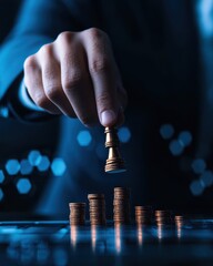 A business strategy concept showcasing a hand moving a chess piece over coins, symbolizing investment and decision-making.
